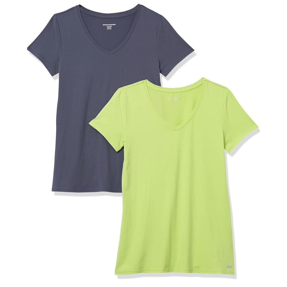 Set of 2 Activewear V-neck Stretch T-Shirts, Small, Lime Green & Gray